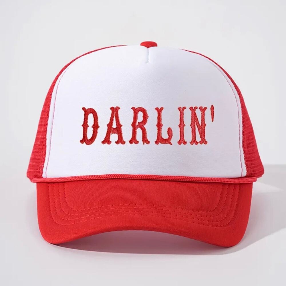 Darlin’ Red White Western Graphic Adjustable Mesh Trucker Hat NWT